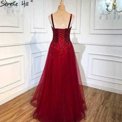 Vestidos de noche rojos con cuentas 2025, sin mangas, corte A, de lujo, hasta el suelo, diseño formal LA70600