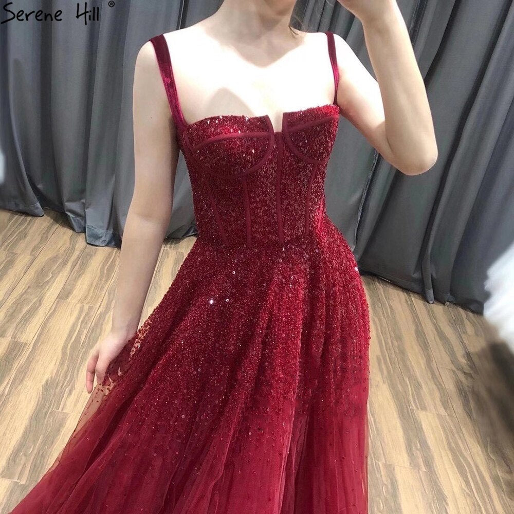 Vestidos de noche rojos con cuentas 2025, sin mangas, corte A, de lujo, hasta el suelo, diseño formal LA70600