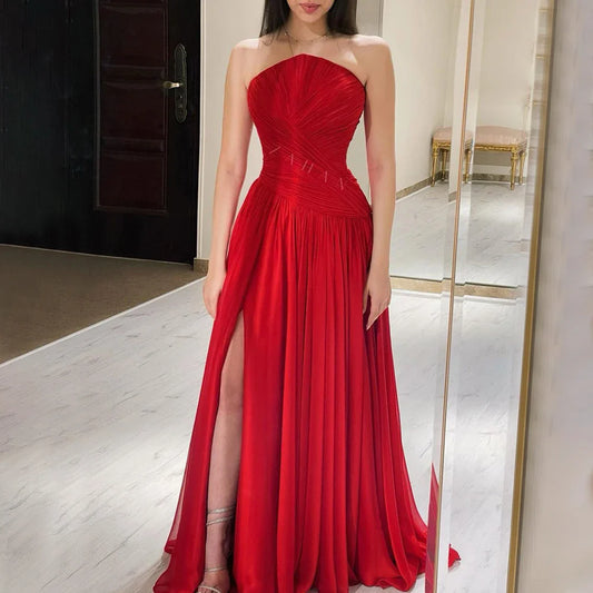 Vestido de noche elegante de gasa roja sin mangas con abertura, de lujo, estilo árabe de Dubái, para mujer, para boda, graduación, fiesta, 2025, LA72537 