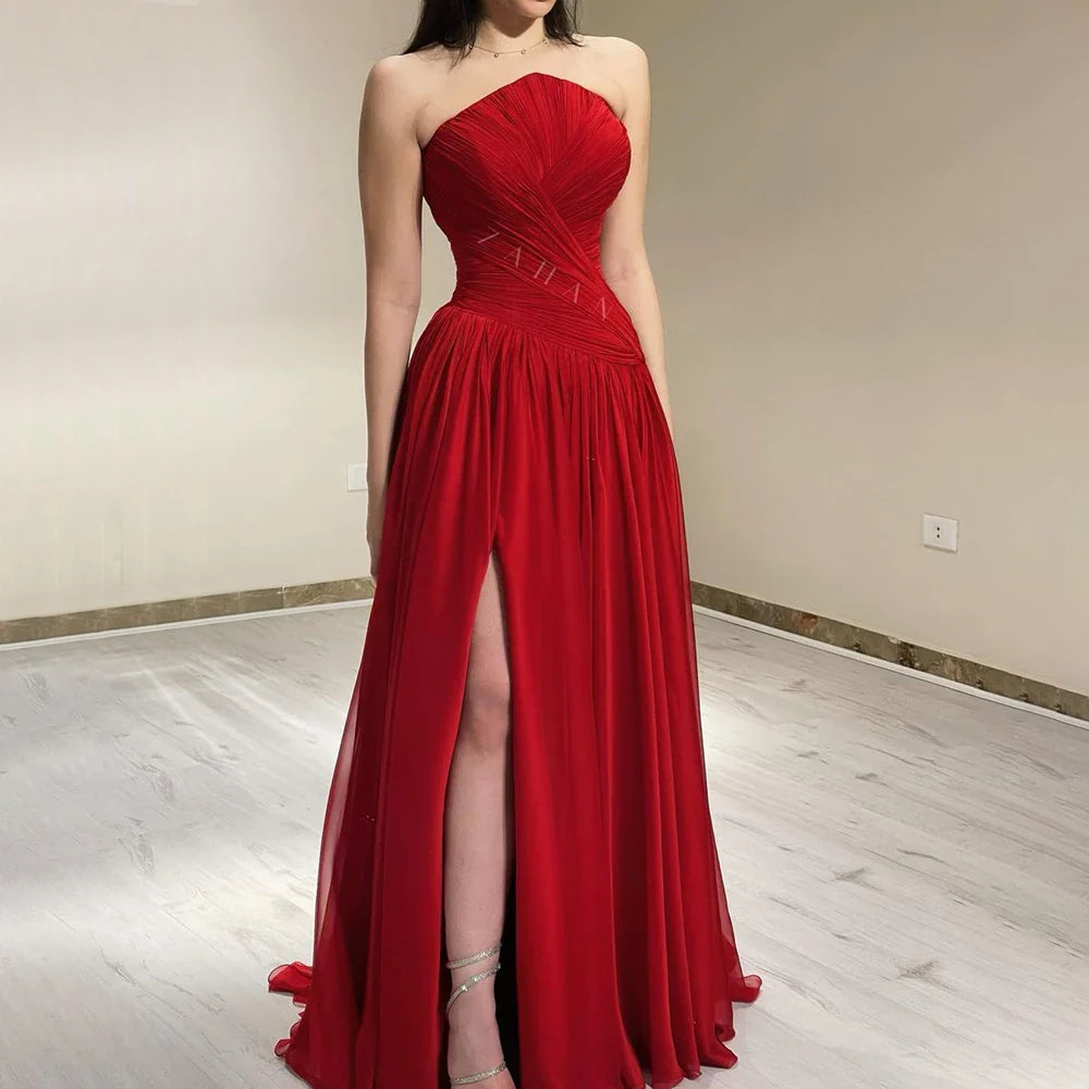 Vestido de noche elegante de gasa roja sin mangas con abertura, de lujo, estilo árabe de Dubái, para mujer, para boda, graduación, fiesta, 2025, LA72537 