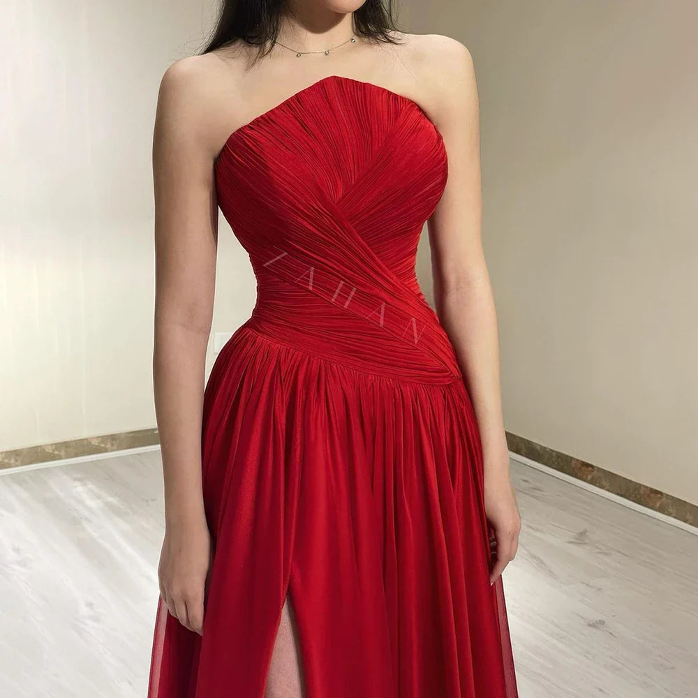 Vestido de noche elegante de gasa roja sin mangas con abertura, de lujo, estilo árabe de Dubái, para mujer, para boda, graduación, fiesta, 2025, LA72537 