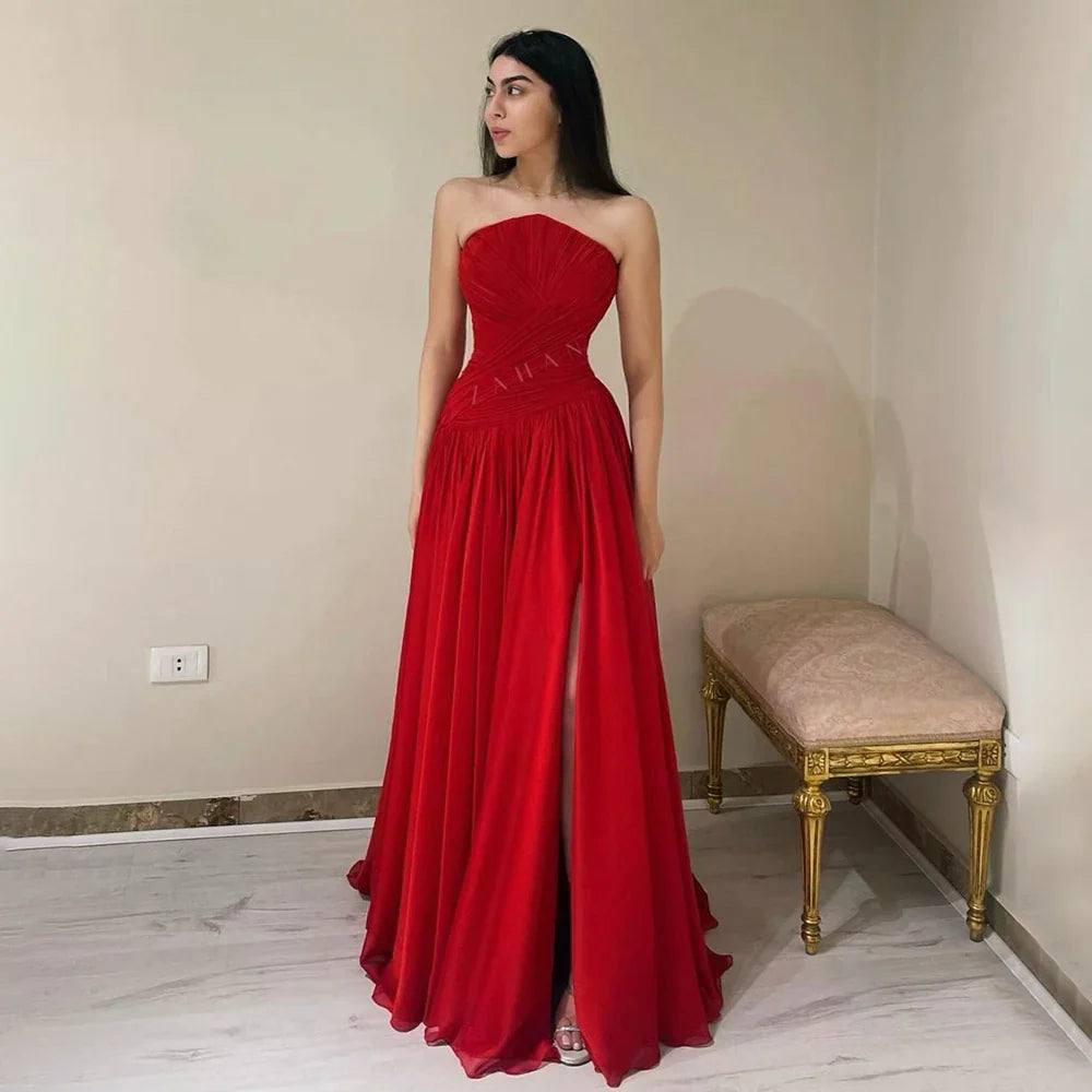 Vestido de noche elegante de gasa roja sin mangas con abertura, de lujo, estilo árabe de Dubái, para mujer, para boda, graduación, fiesta, 2025, LA72537 