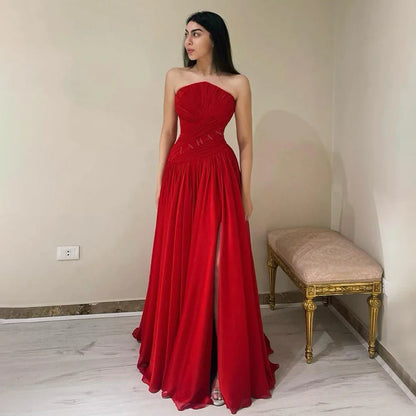 Vestido de noche elegante de gasa roja sin mangas con abertura, de lujo, estilo árabe de Dubái, para mujer, para boda, graduación, fiesta, 2025, LA72537 