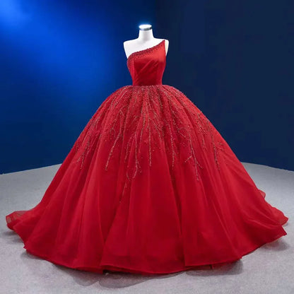 Rot Elegante Eine Schulter Lace Up Perlen Perlen Luxus Braut Kleider Hochzeit Kleid 2025 High-End Nach Maß HM222191 