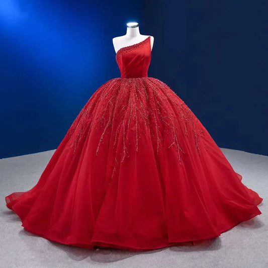 Vestido de novia elegante rojo de un hombro con encaje y perlas, de lujo, 2025, de alta gama, hecho a medida, HM222191 