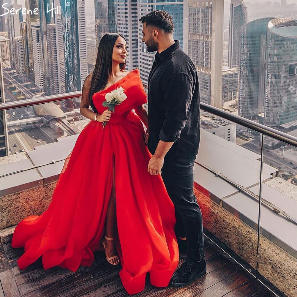 Red High Split Sexy Evening Gowns 2025 A-Line One shoulder Simple Formal Dress Design LA71114