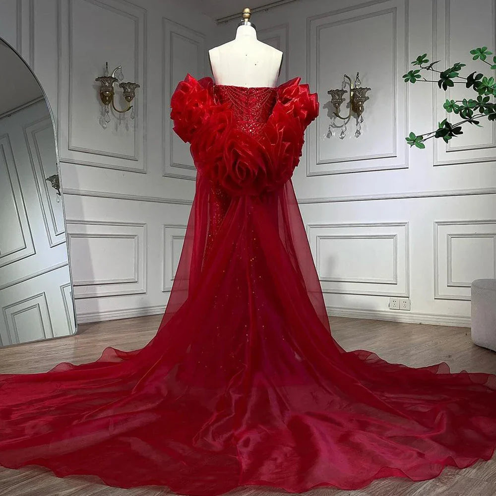 Red Long Cape Mermaid Evening Dresses Gowns with Puff Sleeves Beaded Overskirt and Design for Women's Party LA72585