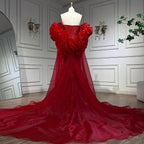 Red Long Cape Mermaid Evening Dresses Gowns with Puff Sleeves Beaded Overskirt and Design for Women's Party LA72585