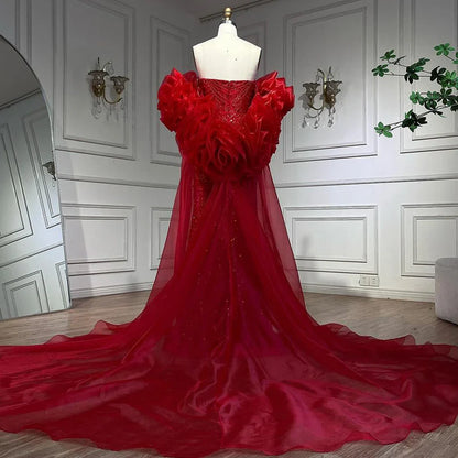 Vestido de noche largo estilo sirena con capa roja, mangas abullonadas y sobrefalda con cuentas, ideal para fiestas femeninas LA72585 