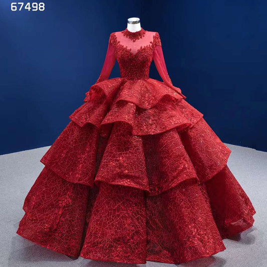 Vestido de novia rojo de manga larga con encaje de lujo y cuentas, vestido de novia 2025 de alta gama, hecho a medida HM67498 