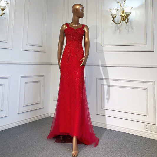 Vestidos de noche de lujo con escote sirena rojo, 2025, con cuentas, sexys y elegantes para mujer, para fiesta, LA71613 