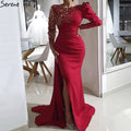 Red Mermaid Split Abendkleider Kleider 2025 Satin Perlen Elegante Sexy Für Frauen Party LA70992 