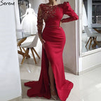 Red Mermaid Split Abendkleider Kleider 2025 Satin Perlen Elegante Sexy Für Frauen Party LA70992 