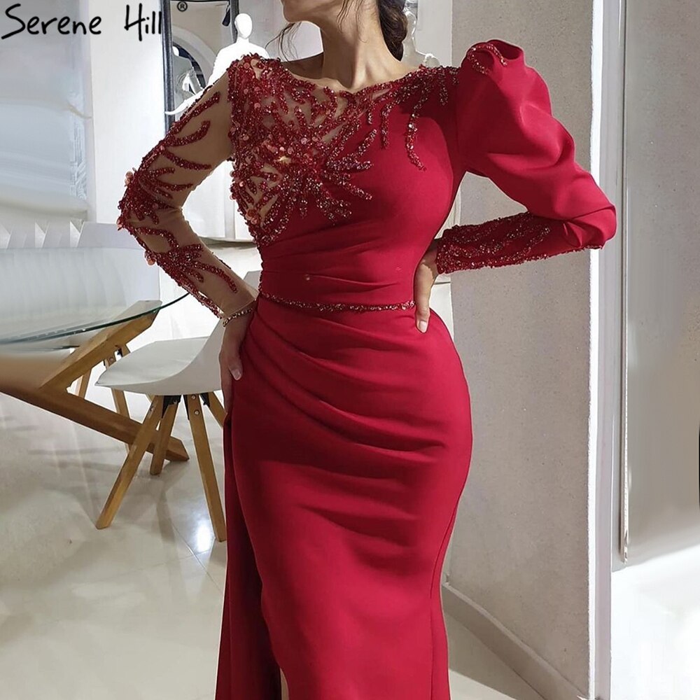 Red Mermaid Split Abendkleider Kleider 2025 Satin Perlen Elegante Sexy Für Frauen Party LA70992 