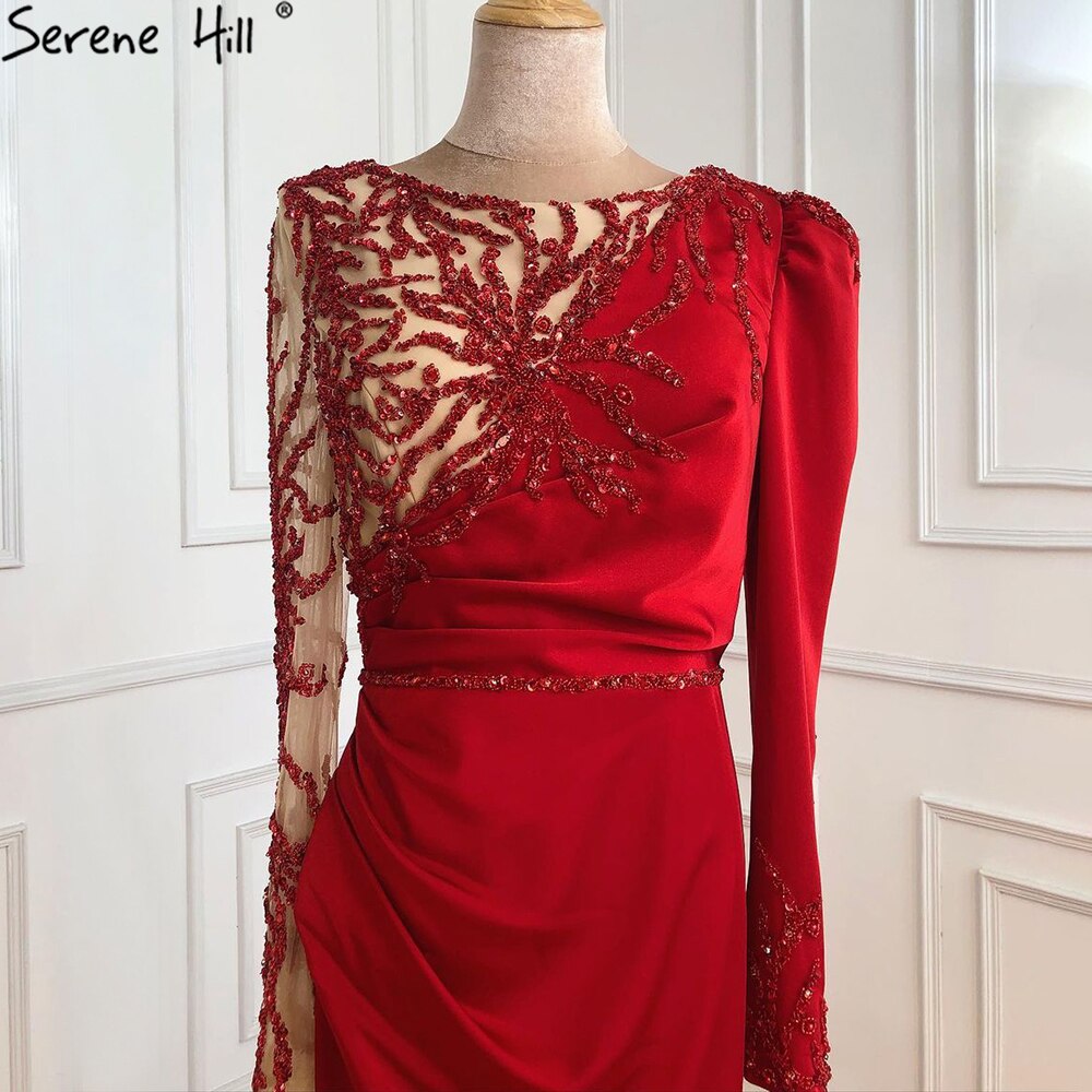 Red Mermaid Split Evening Dresses Gowns 2025 Satin Beading Elegant Sexy For Women Party LA70992