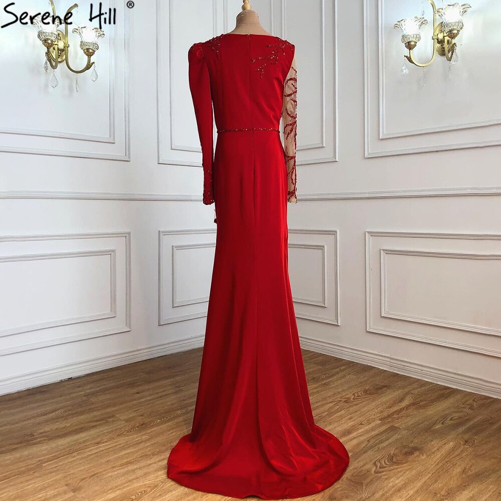 Red Mermaid Split Abendkleider Kleider 2025 Satin Perlen Elegante Sexy Für Frauen Party LA70992 