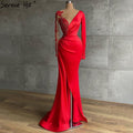 Red Muslim Mermaid Split Abendkleider Kleider 2025 Satin Perlen Elegante Für Frauen Party LA71032 