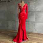 Red Muslim Mermaid Split Abendkleider Kleider 2025 Satin Perlen Elegante Für Frauen Party LA71032 