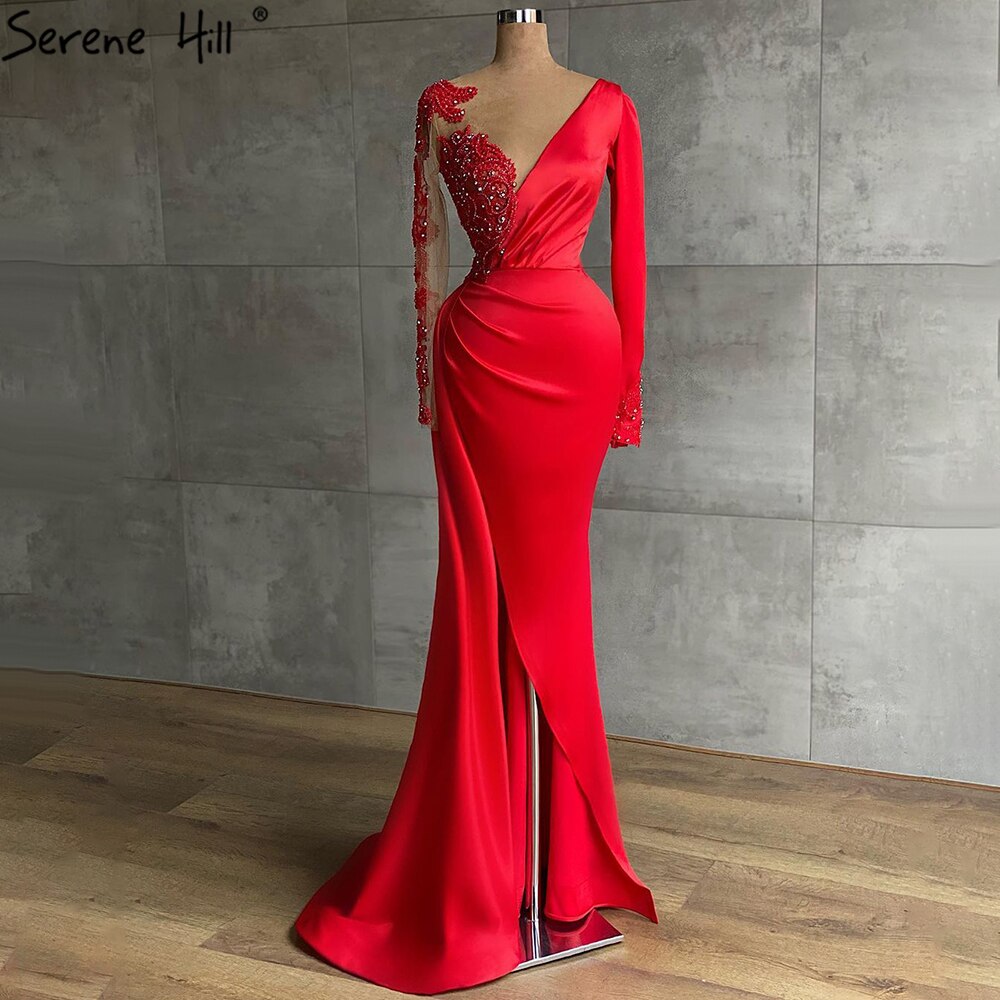 Red Muslim Mermaid Split Abendkleider Kleider 2025 Satin Perlen Elegante Für Frauen Party LA71032 