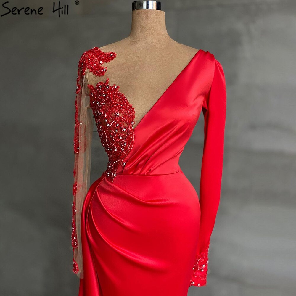 Red Muslim Mermaid Split Abendkleider Kleider 2025 Satin Perlen Elegante Für Frauen Party LA71032 