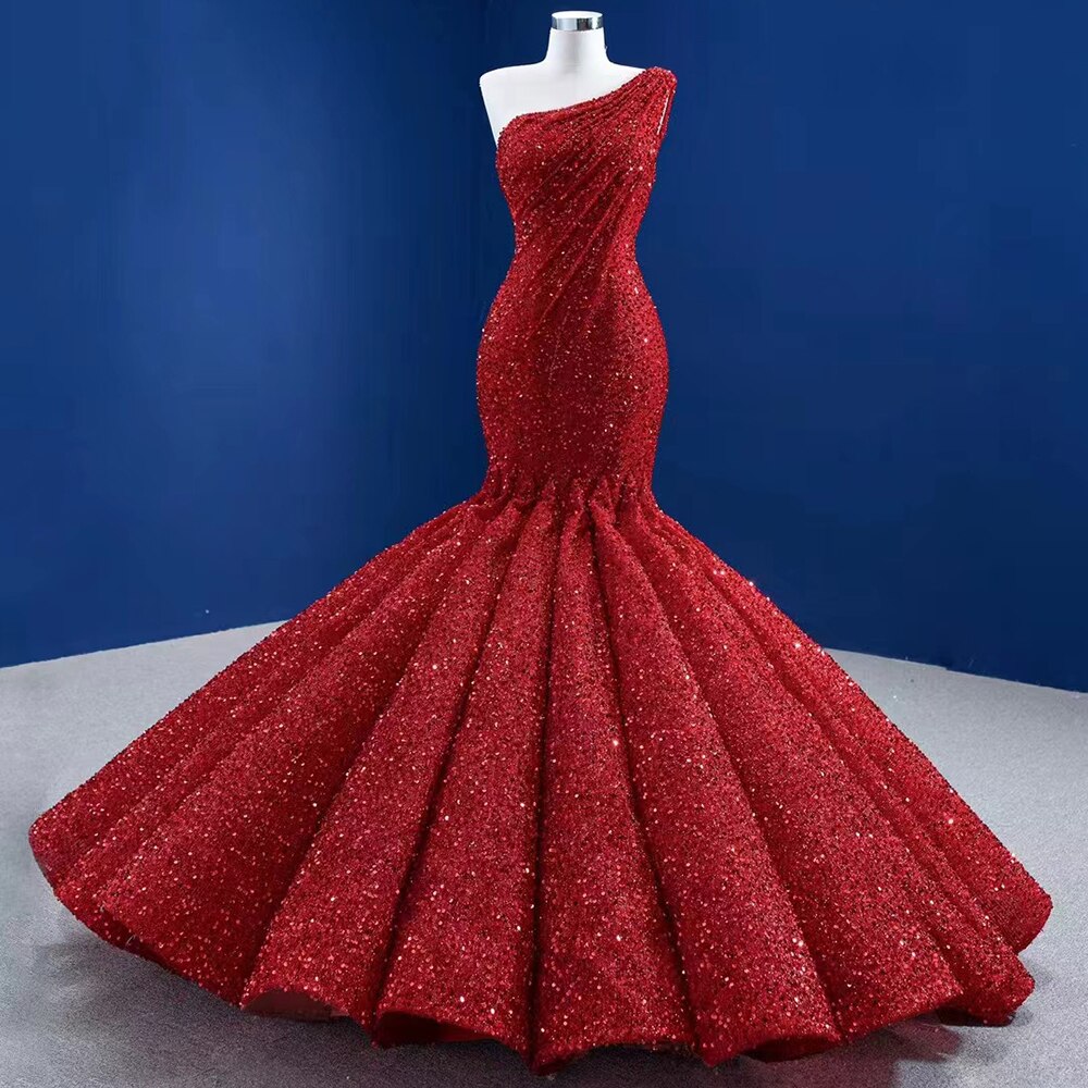 Red One Shoulder Luxury Evening Dresses 2025 Sequins Beaded Mermiad Elegant Bridal For Women Party HM67447