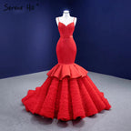 Rot Rüschen Meerjungfrau Brautkleider 2025 Spaghetti Strap Elegante Sexy Braut Kleider HM67311 Nach Maß 