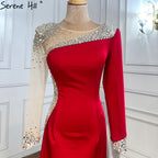 Red Satin Mermaid Evening Dresses Gowns 2025 Elegant Beaded Sexy For Women Wedding Party LA71152