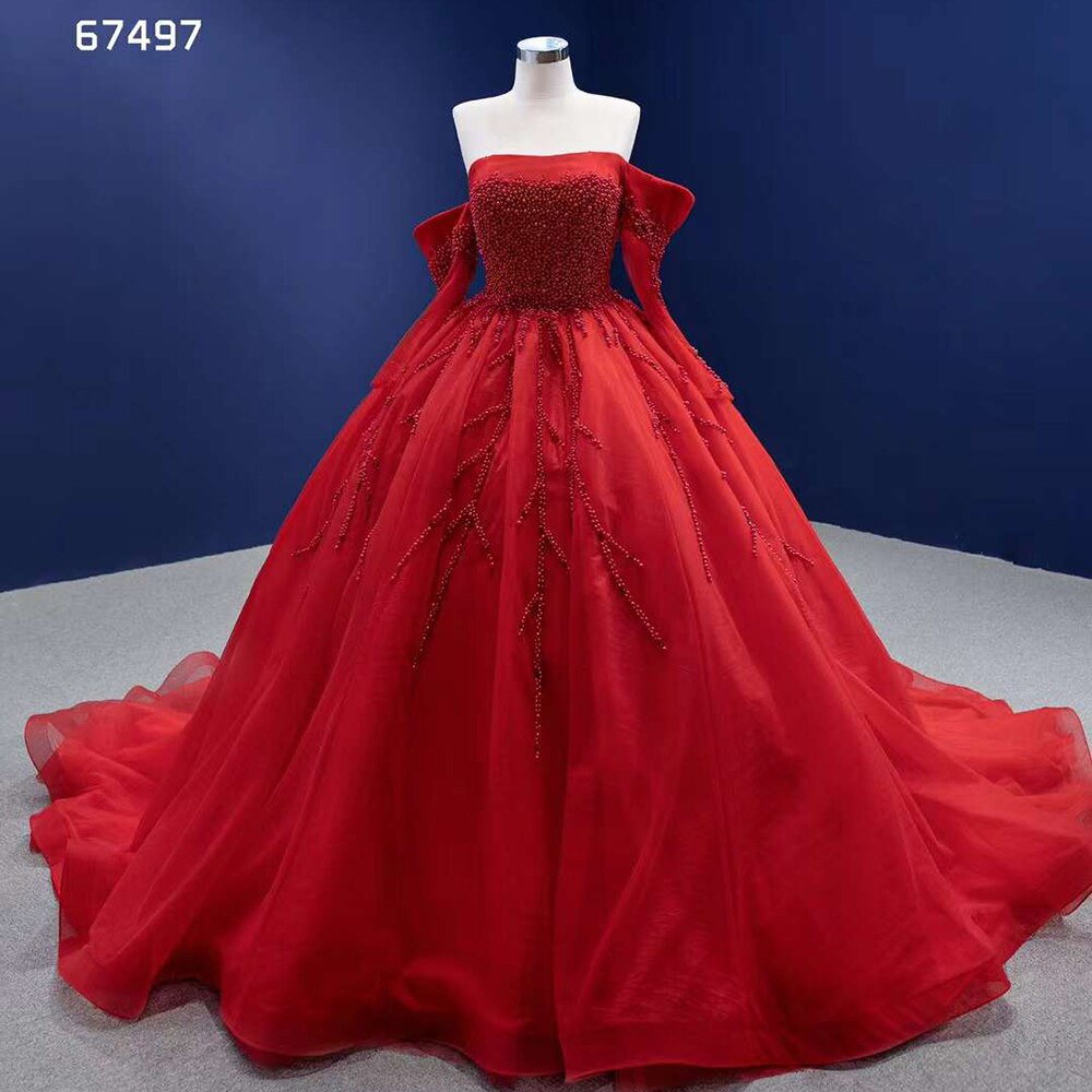 Vestido de novia rojo sexy con hombros descubiertos, perlas y cuentas de lujo, vestido de novia 2025 de alta gama, hecho a medida HM67497 