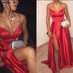 Rot Spaghetti Strap Sexy Abendkleider 2025 Weichen Satin Hohe Split A-linie Für Frauen Party LA71208 