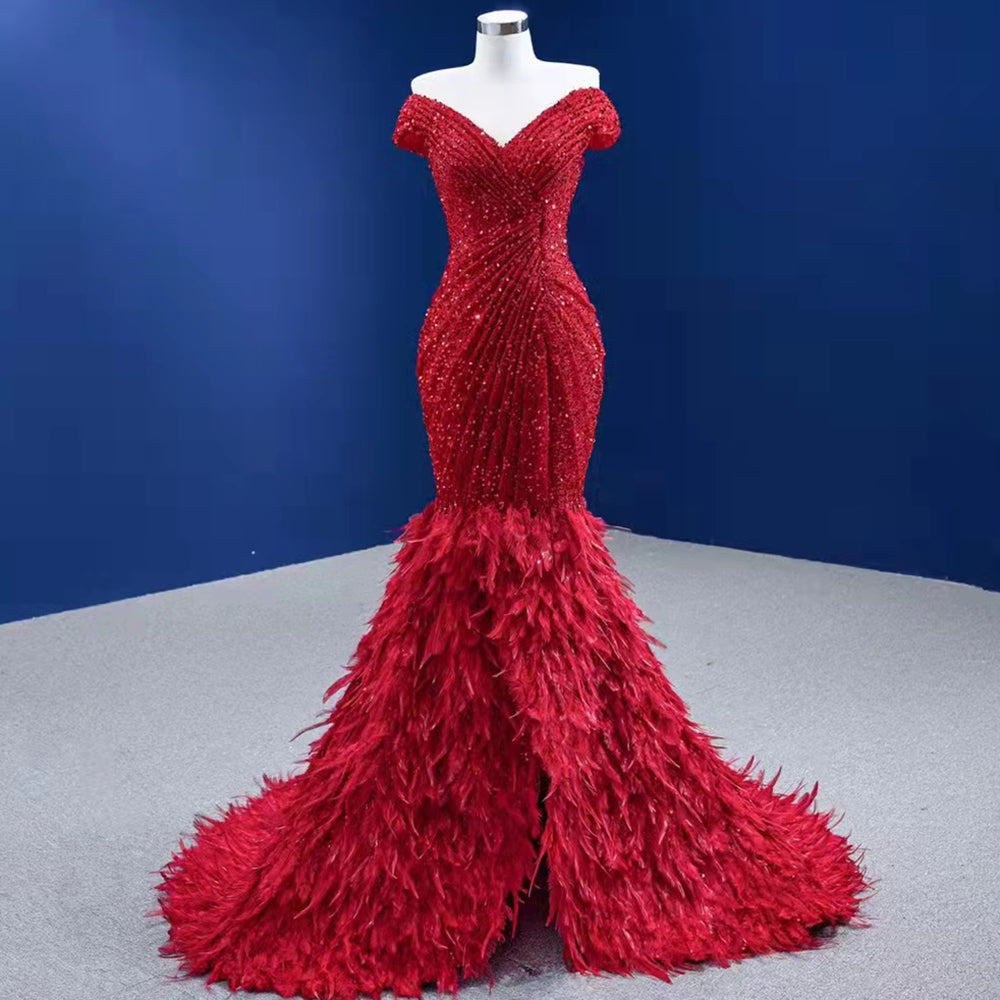 Rode Luxe Elegant Avond Jurken 2025 Sequin Feather Mermaid Voor Vrouwen Party HM67433