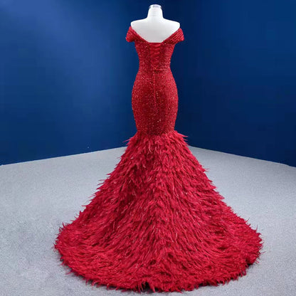Rode Luxe Elegant Avond Jurken 2025 Sequin Feather Mermaid Voor Vrouwen Party HM67433