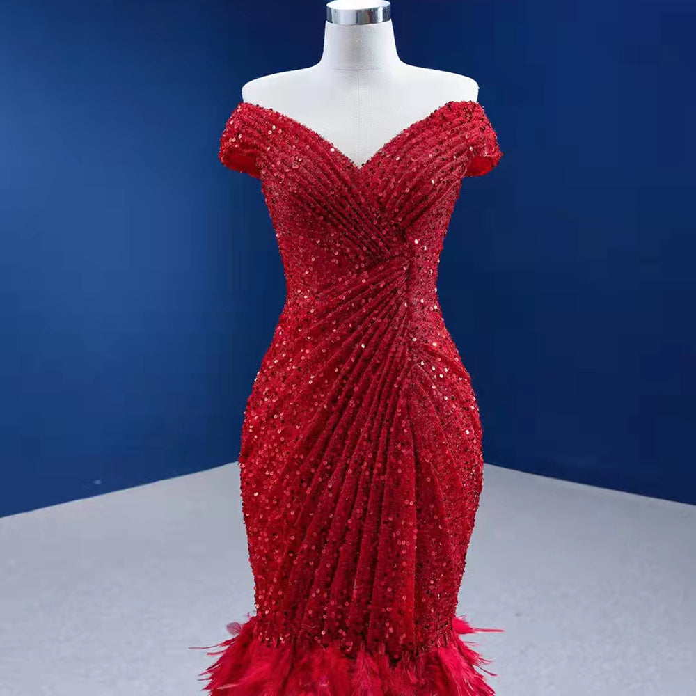 Rode Luxe Elegant Avond Jurken 2025 Sequin Feather Mermaid Voor Vrouwen Party HM67433