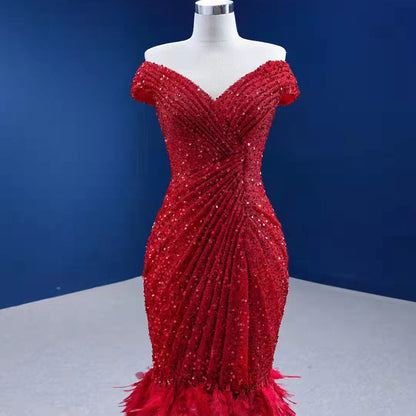 Rode Luxe Elegant Avond Jurken 2025 Sequin Feather Mermaid Voor Vrouwen Party HM67433