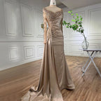 Vestido de noche de sirena de lujo con cuello alto y manga larga en oro rosa y falda para mujer, para fiesta 2025 LA71804 