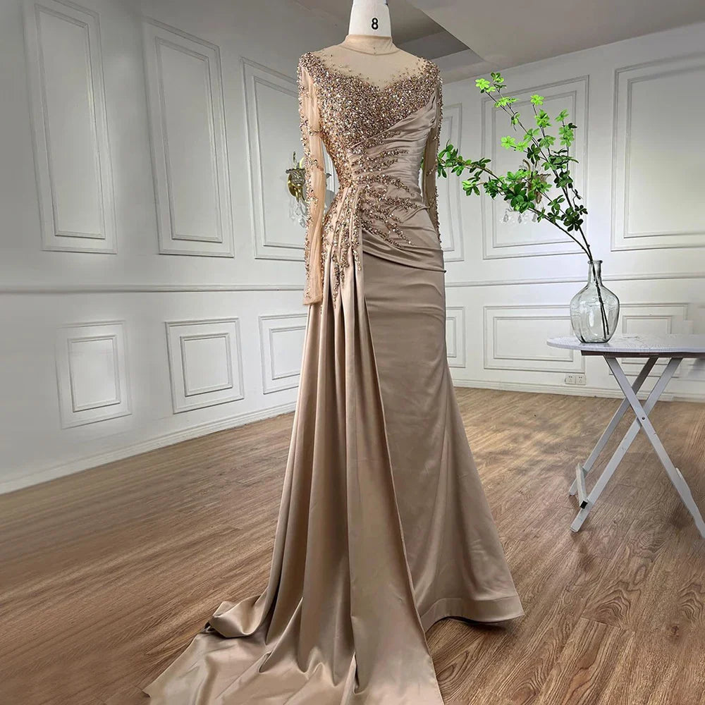 Vestido de noche de sirena de lujo con cuello alto y manga larga en oro rosa y falda para mujer, para fiesta 2025 LA71804 