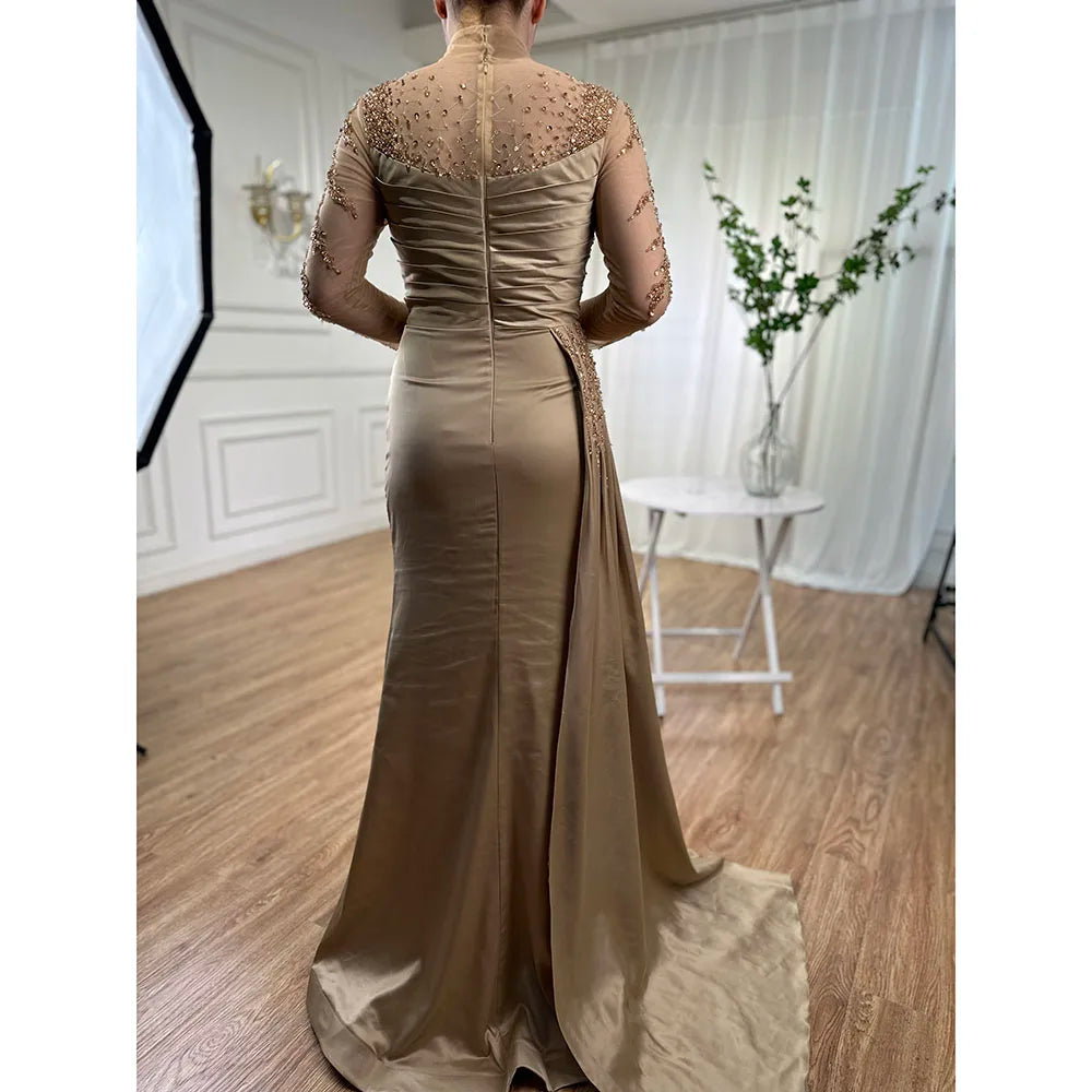 Vestido de noche de sirena de lujo con cuello alto y manga larga en oro rosa y falda para mujer, para fiesta 2025 LA71804 
