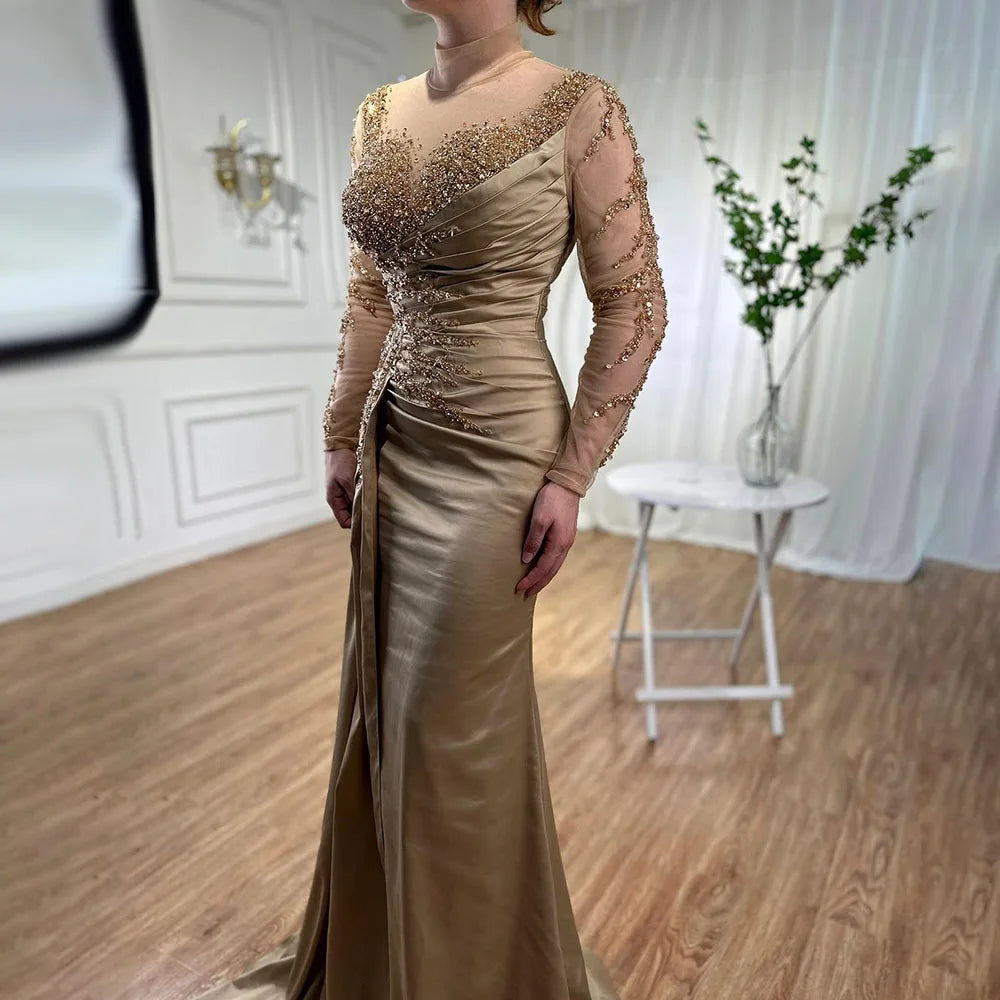 Vestido de noche de sirena de lujo con cuello alto y manga larga en oro rosa y falda para mujer, para fiesta 2025 LA71804 