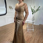 Vestido de noche de sirena de lujo con cuello alto y manga larga en oro rosa y falda para mujer, para fiesta 2025 LA71804 