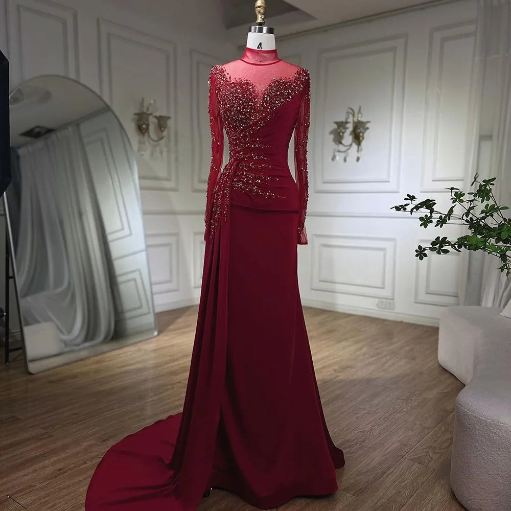 Vestido de noche de sirena de lujo con cuello alto y manga larga en oro rosa y falda para mujer, para fiesta 2025 LA71804 