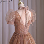 Rose Rosa A-linie Abendkleider Kleider 2025 Kurzen Ärmeln Sexy Für Frauen Hochzeit Party LA70599 