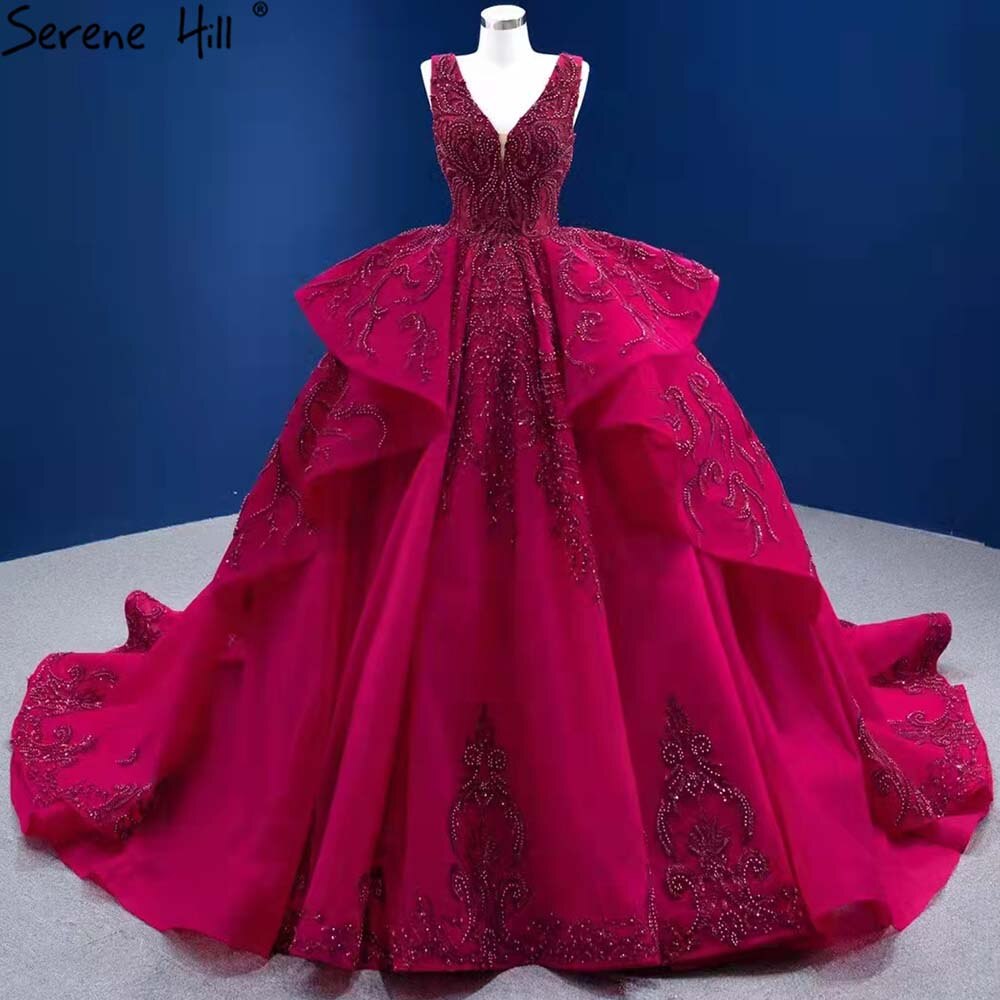 Rose Red Rüschen Brautkleider 2025 Perlen V-Ausschnitt Luxus Braut Kleider HM67376 Nach Maß 