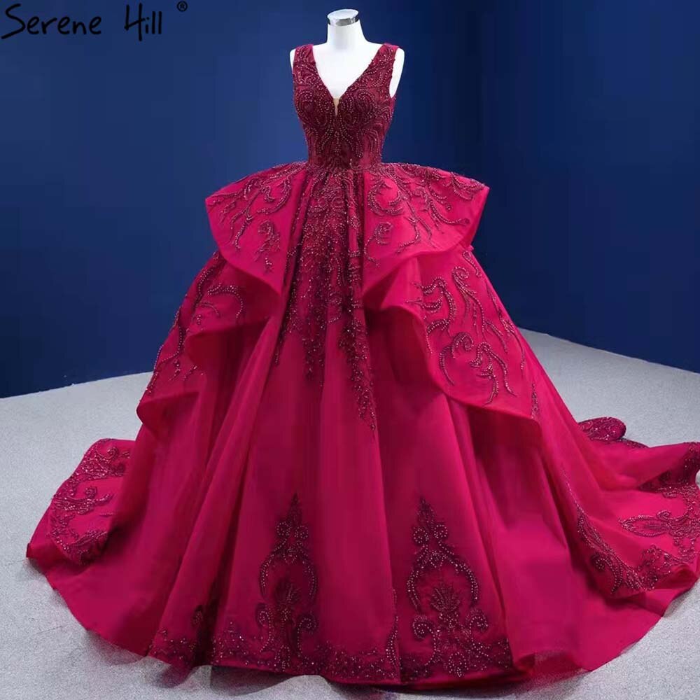 Rose Red Rüschen Brautkleider 2025 Perlen V-Ausschnitt Luxus Braut Kleider HM67376 Nach Maß 