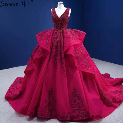 Rose Red Ruffles Wedding Dresses 2025 Beaded V-Neck Luxury Bride Gowns HM67376 Custom Made