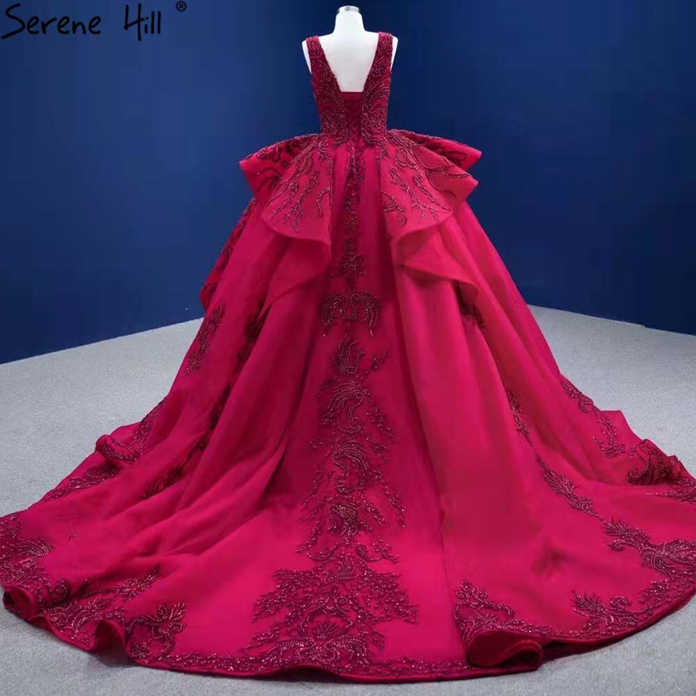 Rose Red Rüschen Brautkleider 2025 Perlen V-Ausschnitt Luxus Braut Kleider HM67376 Nach Maß 