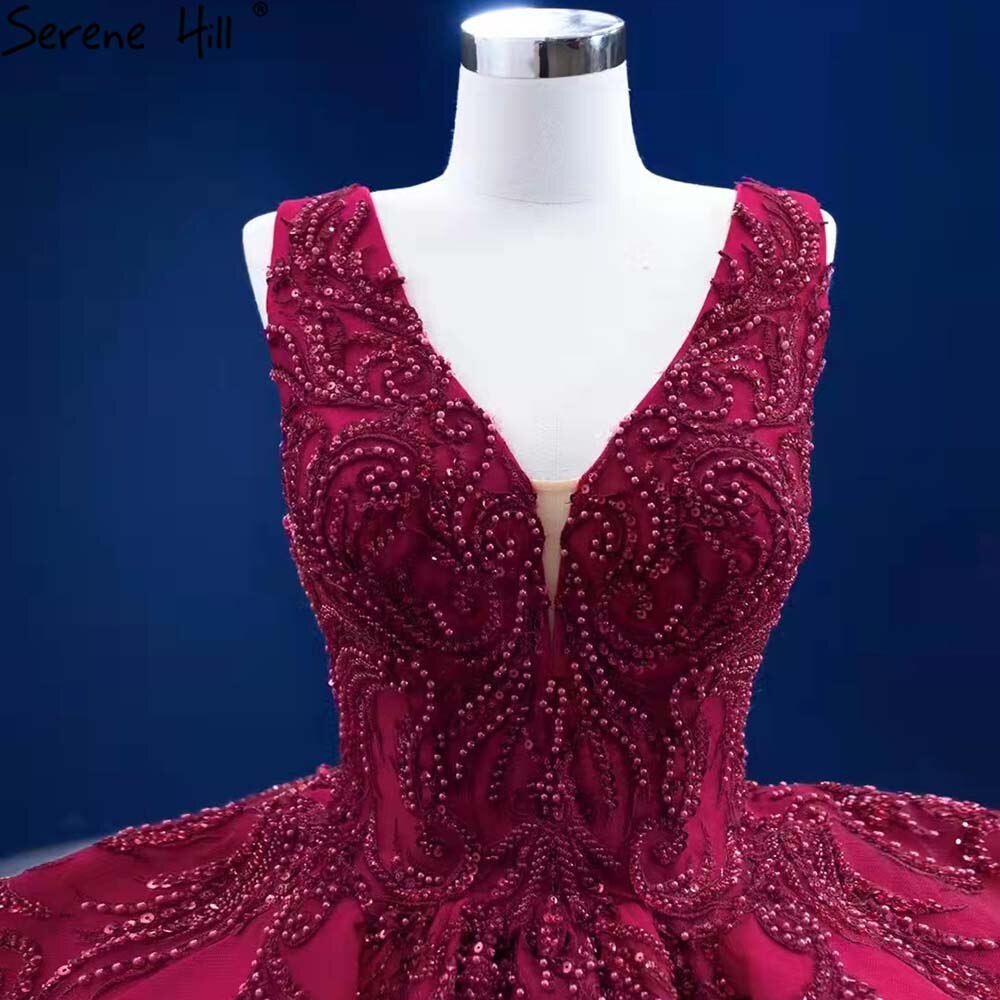 Rose Red Rüschen Brautkleider 2025 Perlen V-Ausschnitt Luxus Braut Kleider HM67376 Nach Maß 