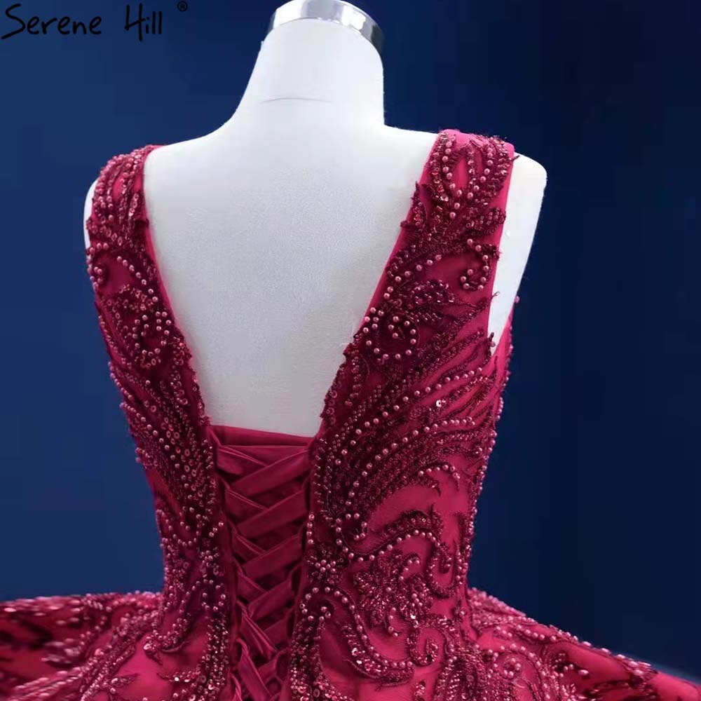 Rose Red Rüschen Brautkleider 2025 Perlen V-Ausschnitt Luxus Braut Kleider HM67376 Nach Maß 