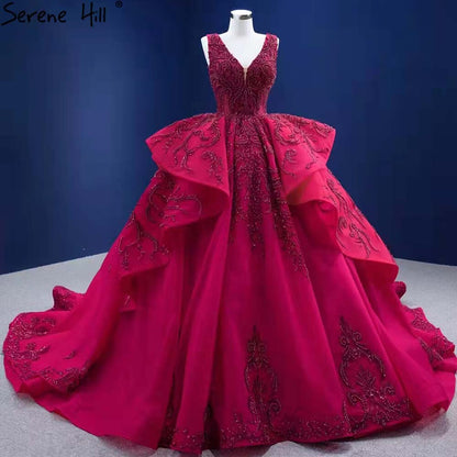 Rose Red Ruffles Wedding Dresses 2025 Beaded V-Neck Luxury Bride Gowns HM67376 Custom Made