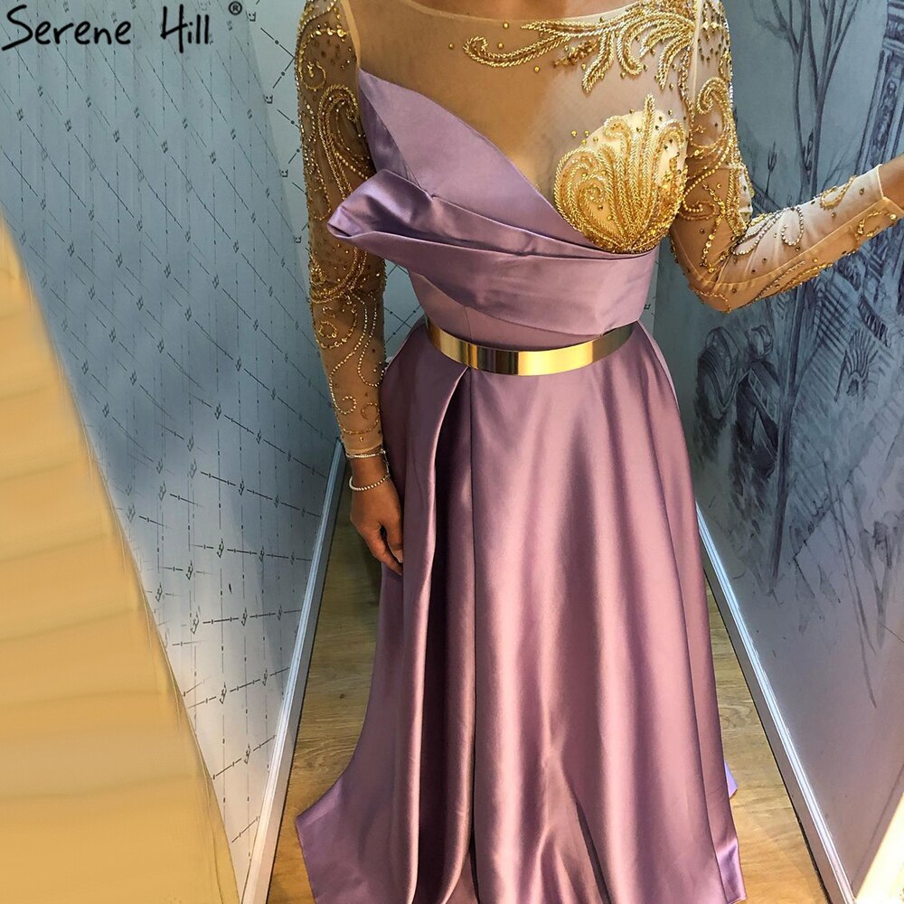 Royal Blau Langarm Satin Abendkleider Kleider 2025 Perlen Schärpen A-Linie Für Frauen Party LA71457