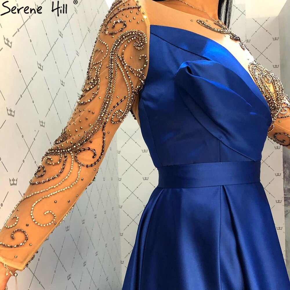 Royal Blau Langarm Satin Abendkleider Kleider 2025 Perlen Schärpen A-Linie Für Frauen Party LA71457