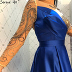 Royal Blau Langarm Satin Abendkleider Kleider 2025 Perlen Schärpen A-Linie Für Frauen Party LA71457